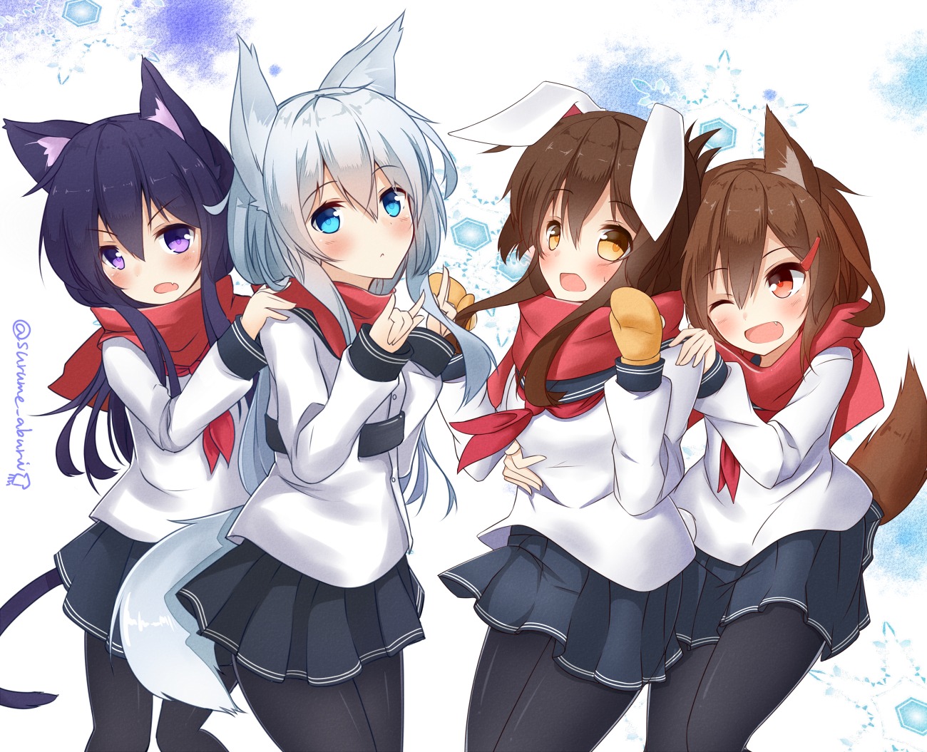akatsuki_(kancolle), animal_ears, hibiki_(kancolle), ikazuchi_(kancolle), inazuma_(kancolle), kantai_collection, pantyhose, seifuku, surume_aburi, tail