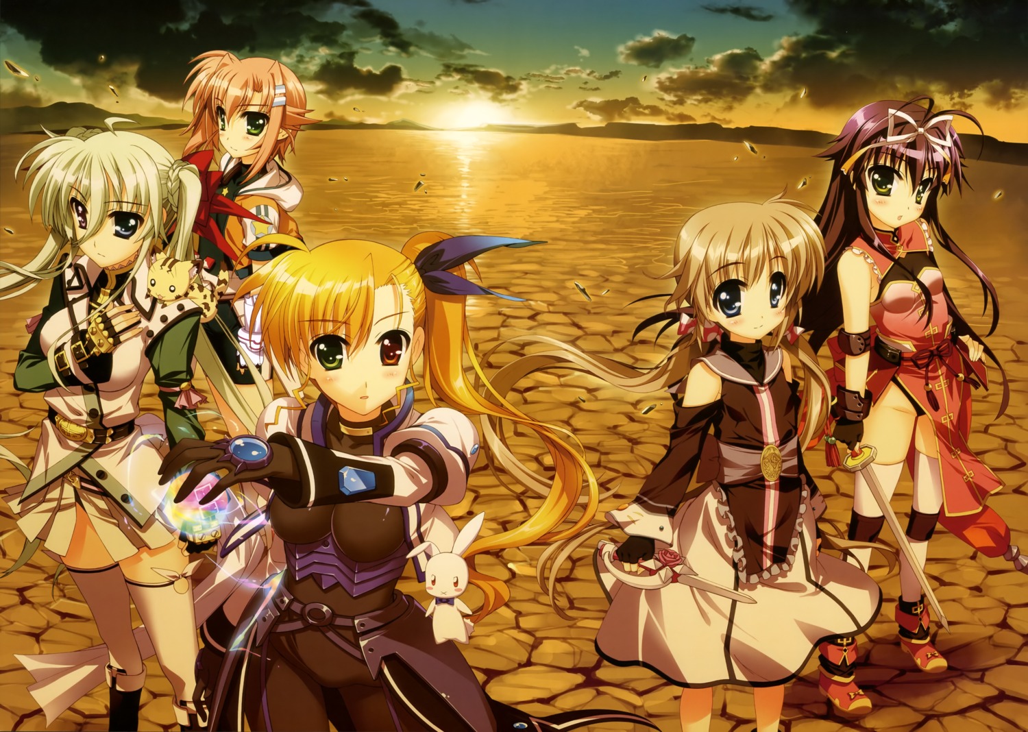 bodysuit, corona_timir, dress, einhart_stratos, fujima_takuya, heterochromia, mahou_shoujo_lyrical_nanoha, mahou_shoujo_lyrical_nanoha_vivid, miura_rinaldi, pantsu, rio_wezley, sword, thighhighs, vivio, weapon