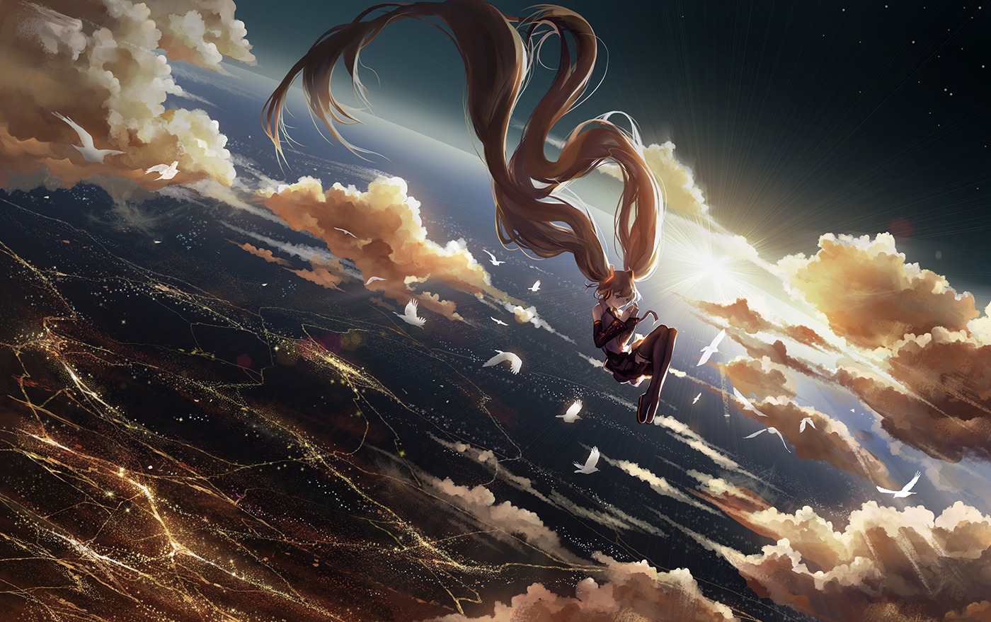 hanyijie, hatsune_miku, headphones, landscape, thighhighs, vocaloid
