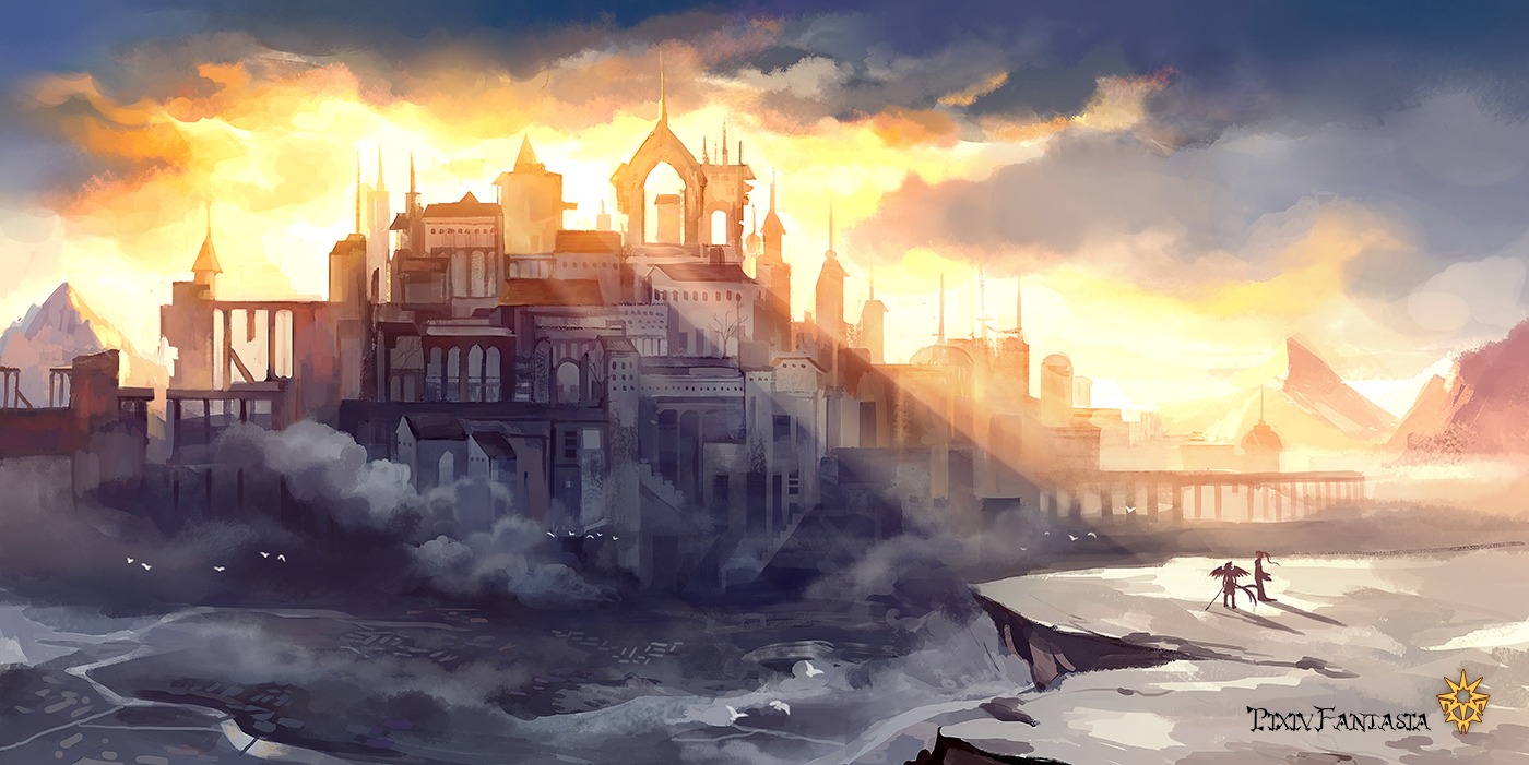hanyijie, landscape, pixiv_fantasia, weapon, wings