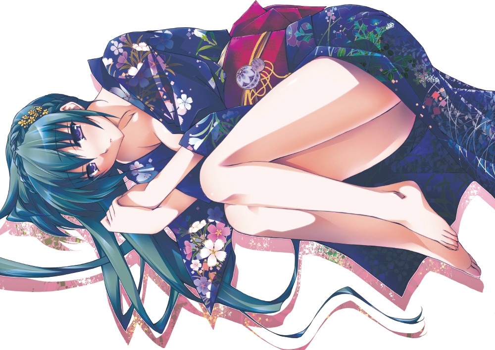 ashio, ass, feet, kimono, no_bra, open_shirt