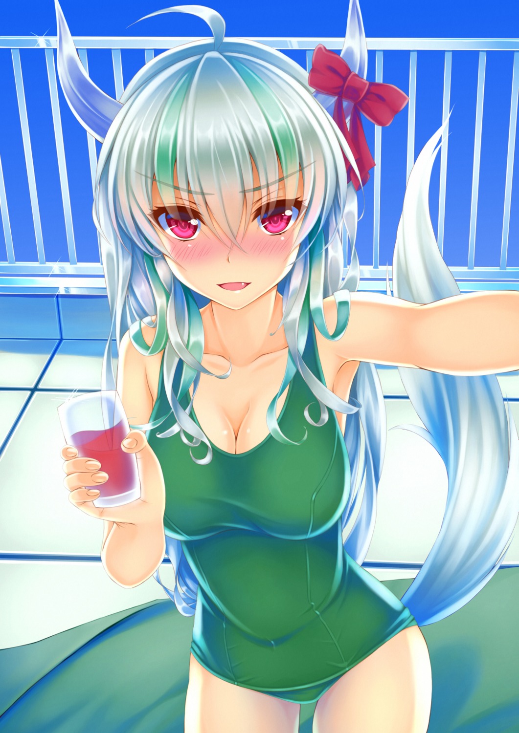 cleavage, ex_keine, horns, kamishirasawa_keine, kitou_kaitai, school_swimsuit, swimsuits, tail