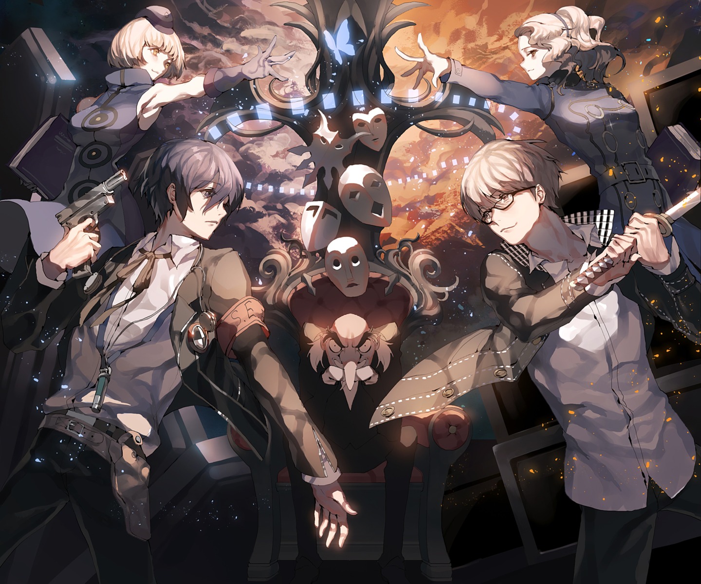 arisato_minato, dress, elizabeth_(p3), gun, igor, margaret, megane, megaten