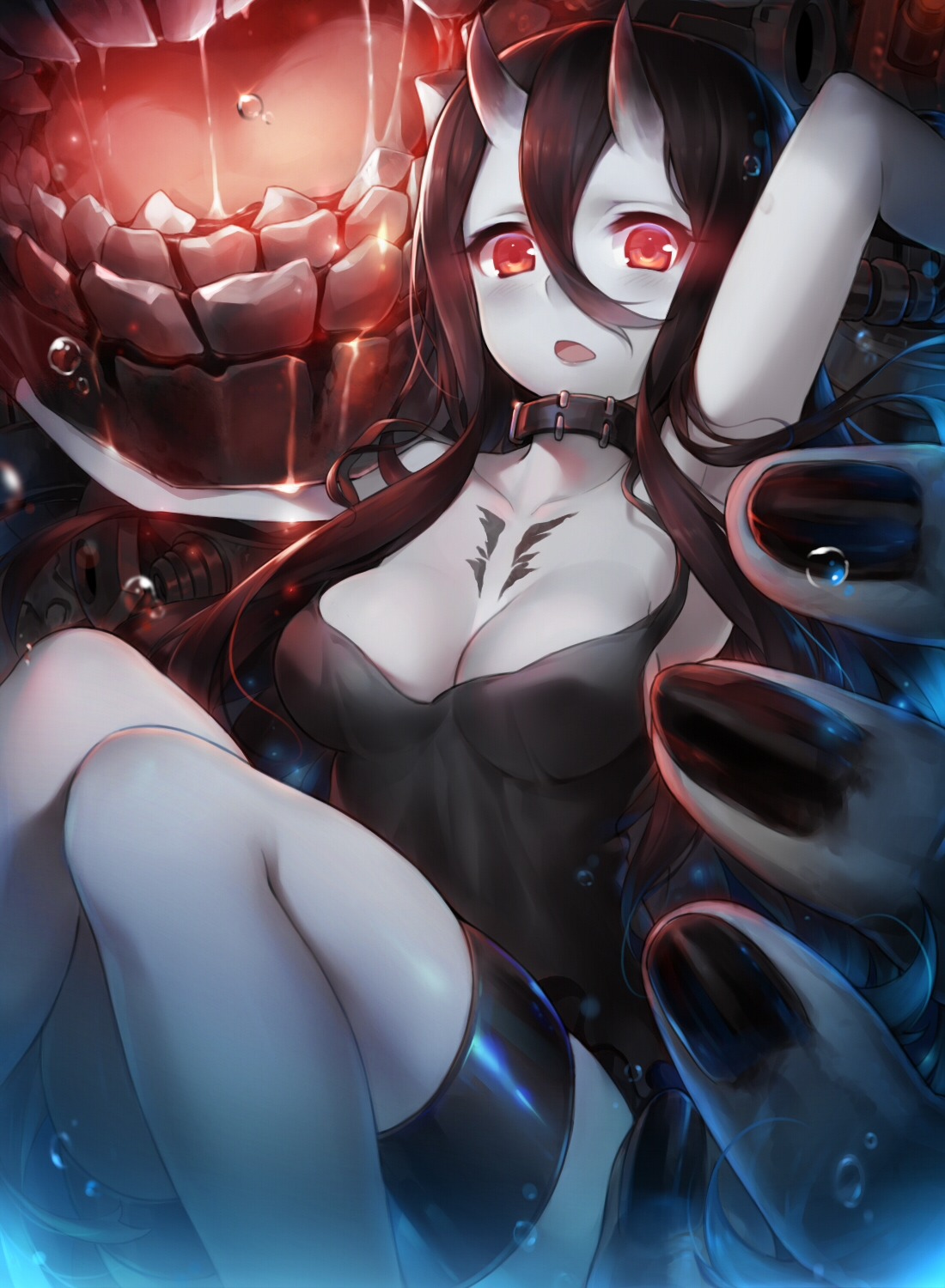 battleship-symbiotic_hime, cleavage, dress, horns, kantai_collection, suika01, tattoo