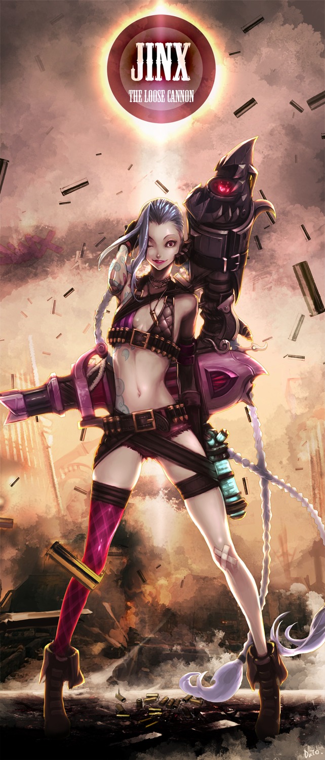 bandaid, bikini_top, cleavage, duto, gun, jinx, league_of_legends, swimsuits, thighhighs