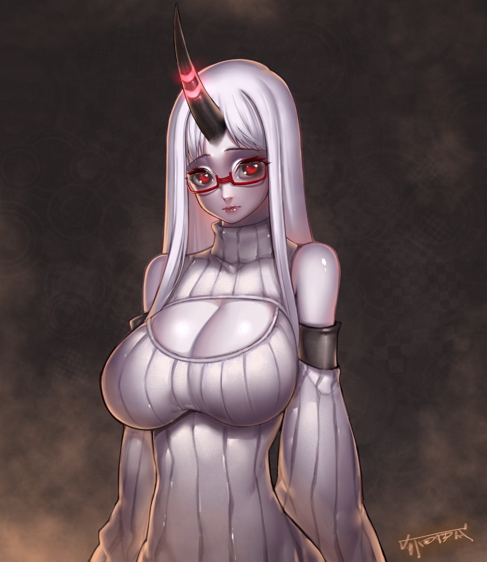 cleavage, horns, kantai_collection, kugi_ta_hori_taira, megane, seaport_hime, sweater