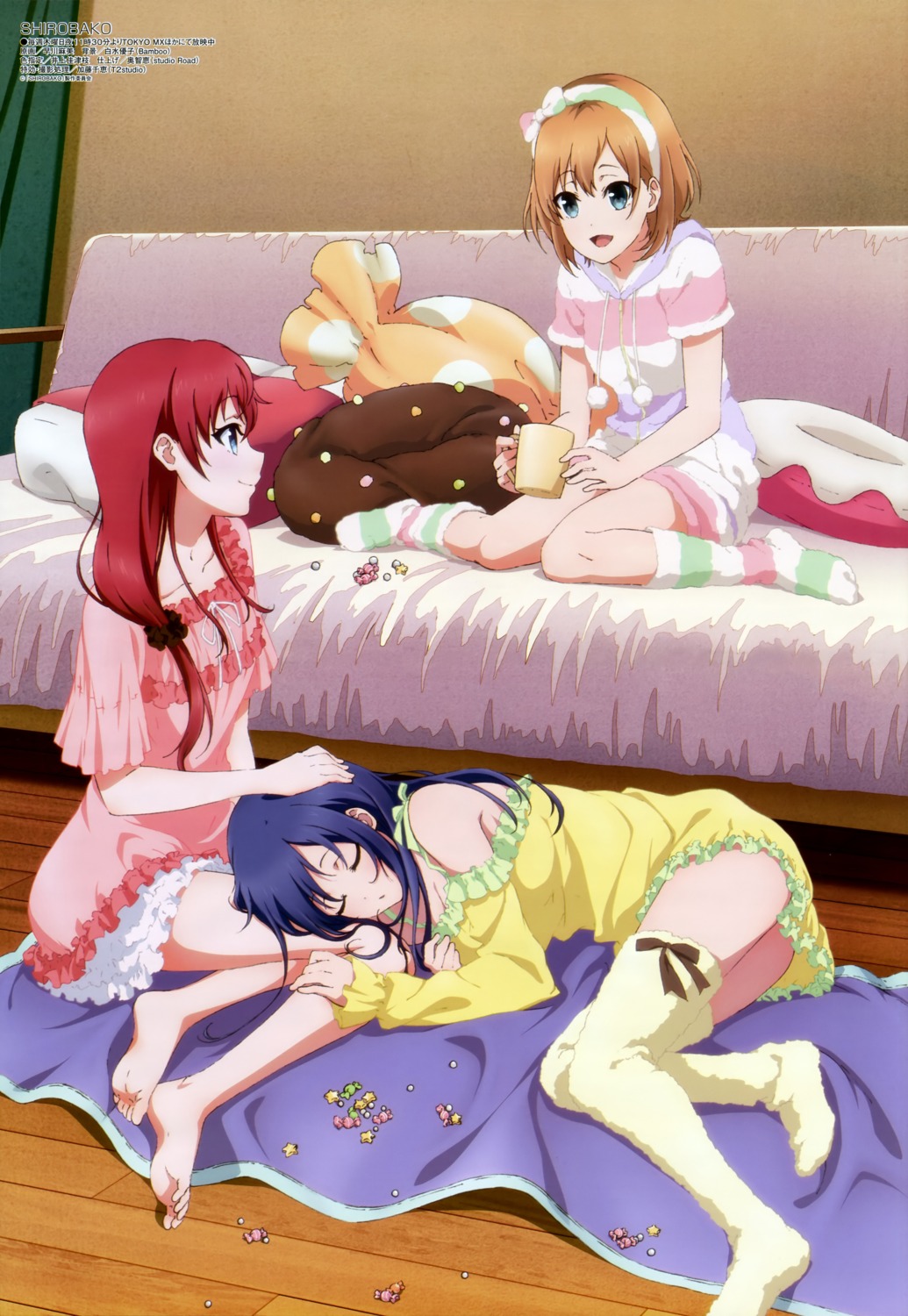 cleavage, feet, hayakawa_asami, imai_midori, miyamori_aoi, pajama, sakaki_shizuka, shirobako, thighhighs