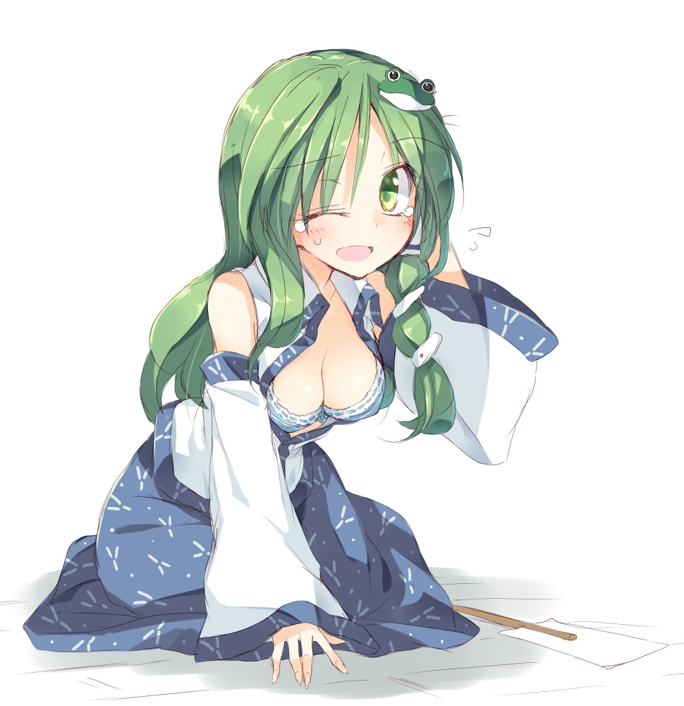 bra, cleavage, dress, kochiya_sanae, open_shirt, satoukibi, touhou