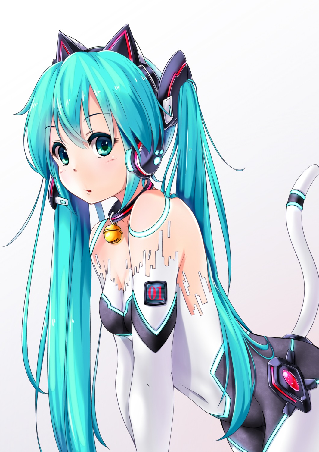 animal_ears, bodysuit, cleavage, hatsune_miku, headphones, miu_(angelo_whitechoc), nekomimi, tail, vocaloid