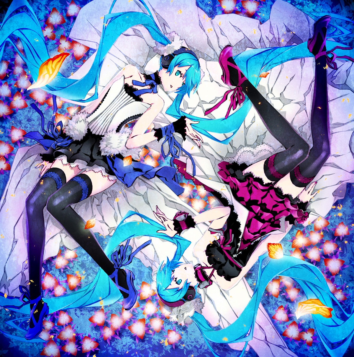 7th_dragon, 7th_dragon_2020, 7th_dragon_2020-ii, dress, gothic_lolita, hatsune_miku, headphones, heels, lolita_fashion, miwa_shirow, thighhighs, vocaloid