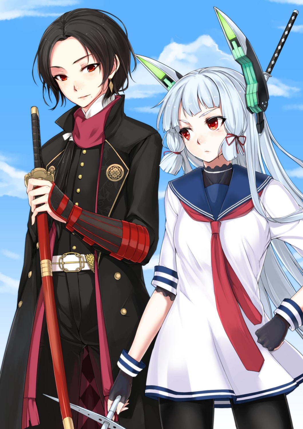 crossover, kantai_collection, kashuu_kiyomitsu, murakumo_(kancolle), pantyhose, ryou@ryou, seifuku, sword