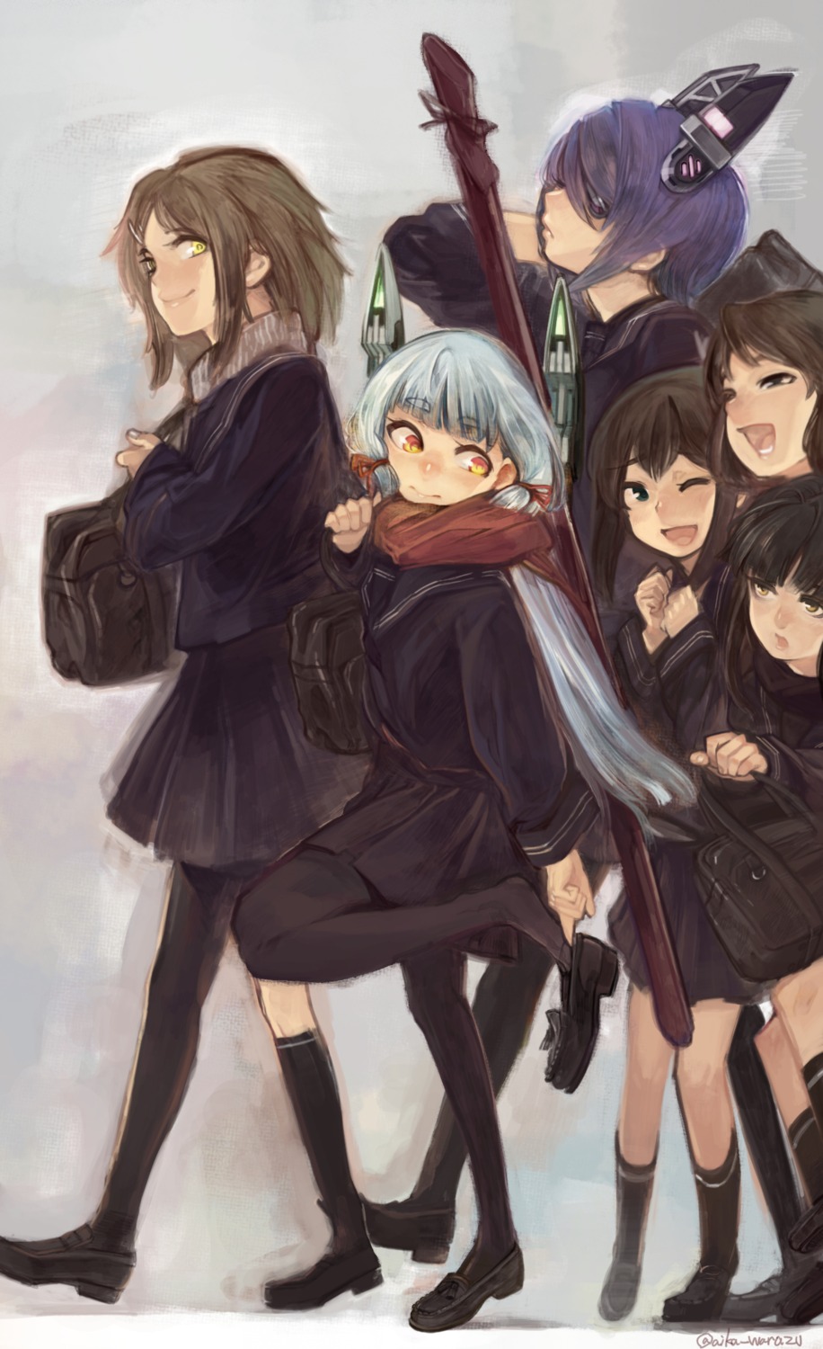 aika_warasu, eyepatch, furutaka_(kancolle), kantai_collection, murakumo_(kancolle), pantyhose, seifuku, tenryuu_(kancolle)