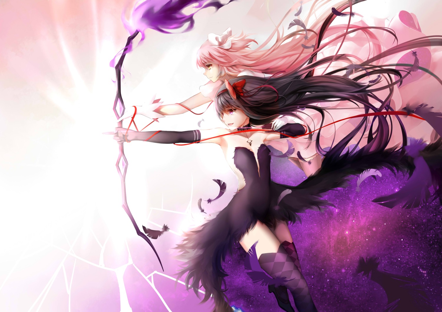 akemi_homura, cleavage, dress, kaname_madoka, mahou_shoujo_madoka_magica, no_bra, thighhighs, weapon, yomi_yasou
