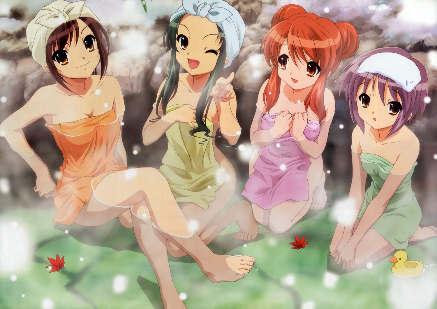 asahina_mikuru, breast_hold, cleavage, feet, ikeda_shouko, nagato_yuki, onsen, suzumiya_haruhi