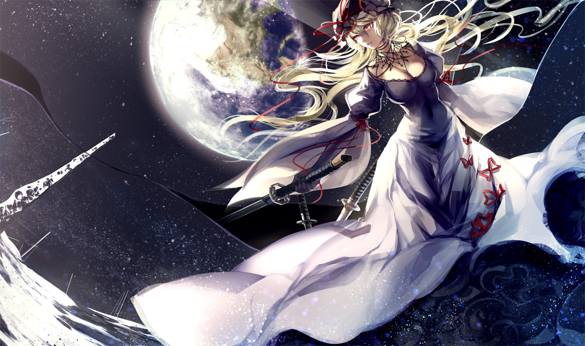 cleavage, dress, skade, sword, touhou, yakumo_yukari