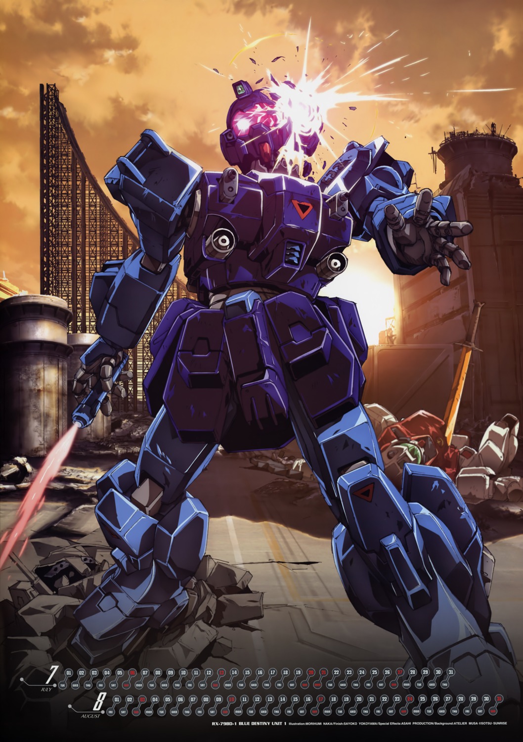 calendar, gundam, gundam_side_story:_the_blue_destiny, mecha, naka_morifumi, rx-79bd-1_gm_blue_destiny_unit_1, sword