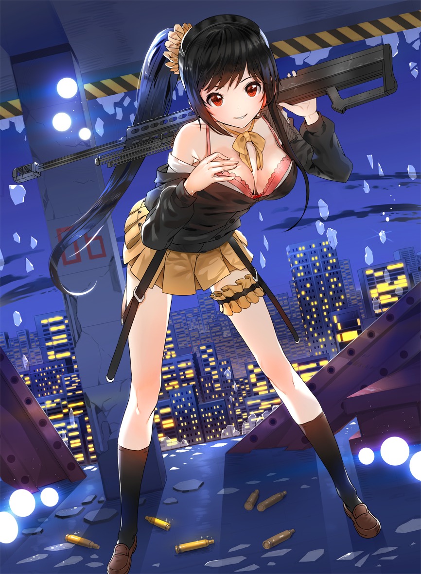bra, breast_hold, cleavage, garter, gun, kfr, open_shirt, seifuku