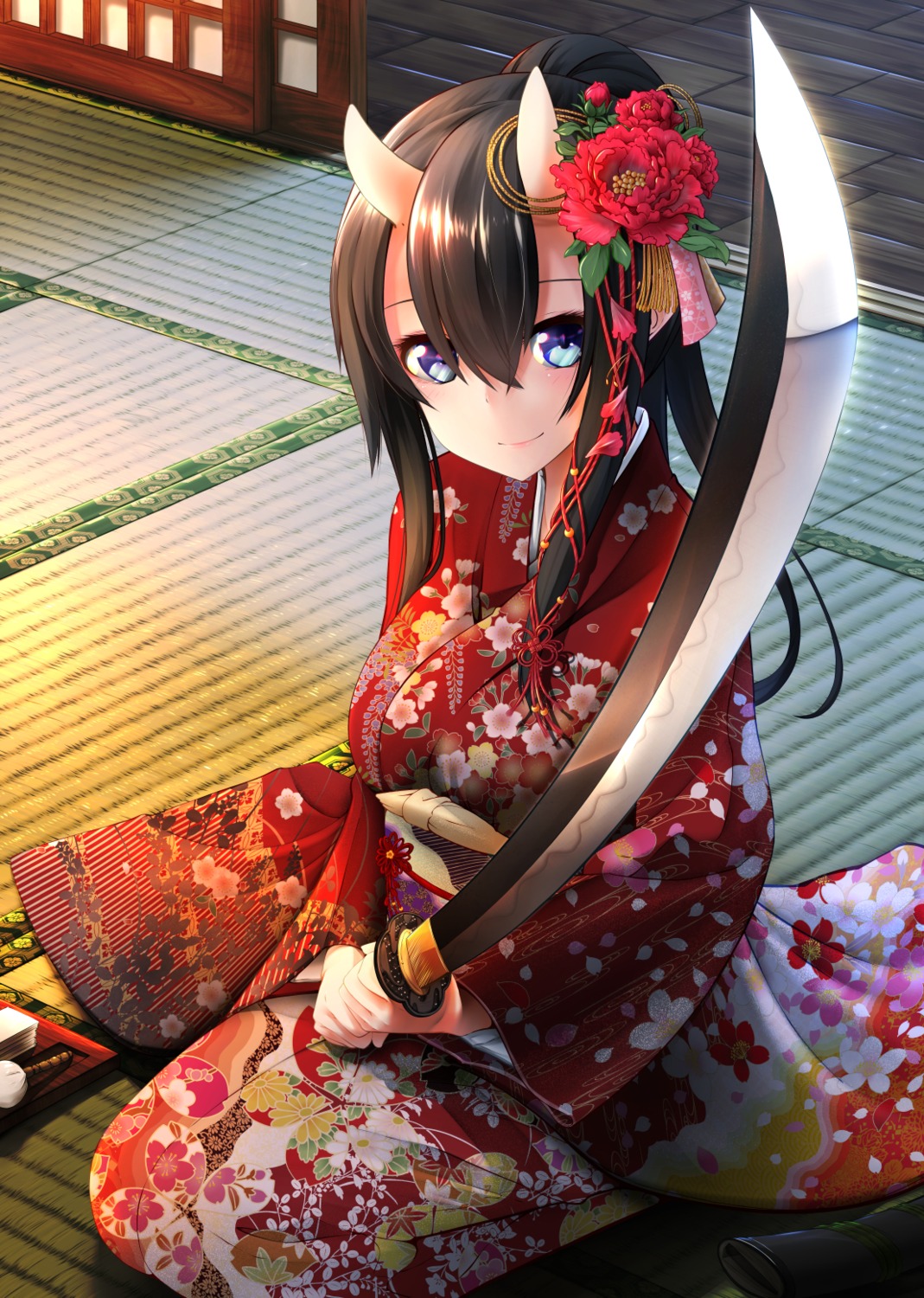 horns, kimono, nekobaka, sword