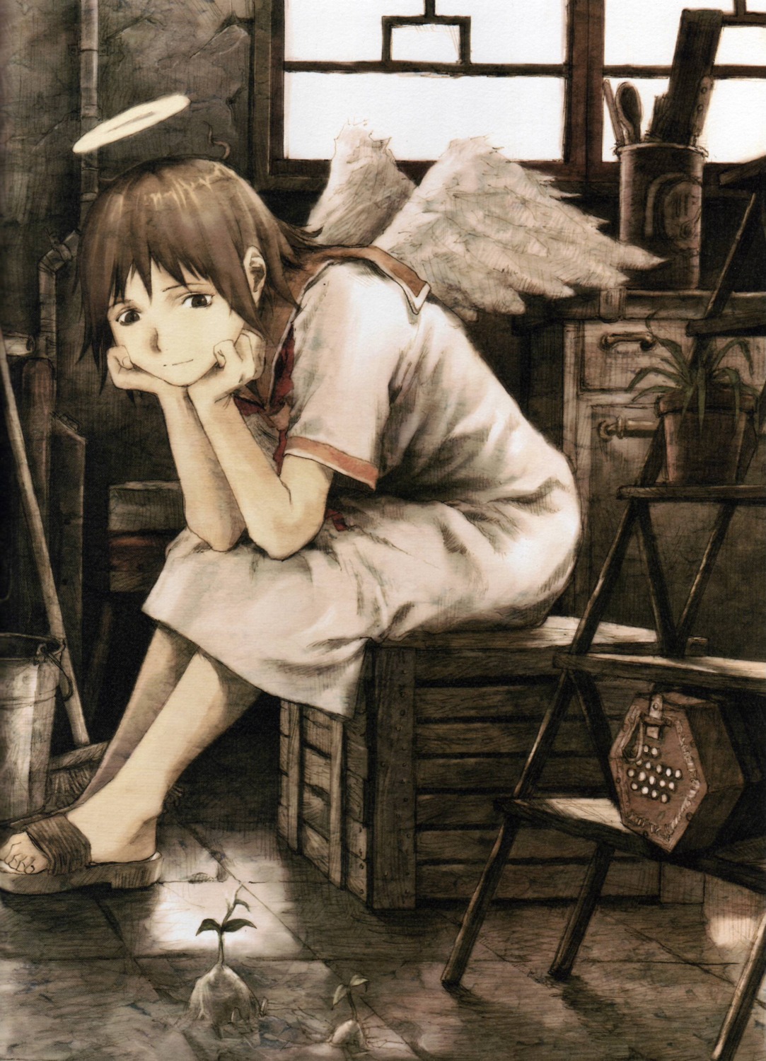 abe_yoshitoshi, haibane_renmei, rakka, sepia, wings