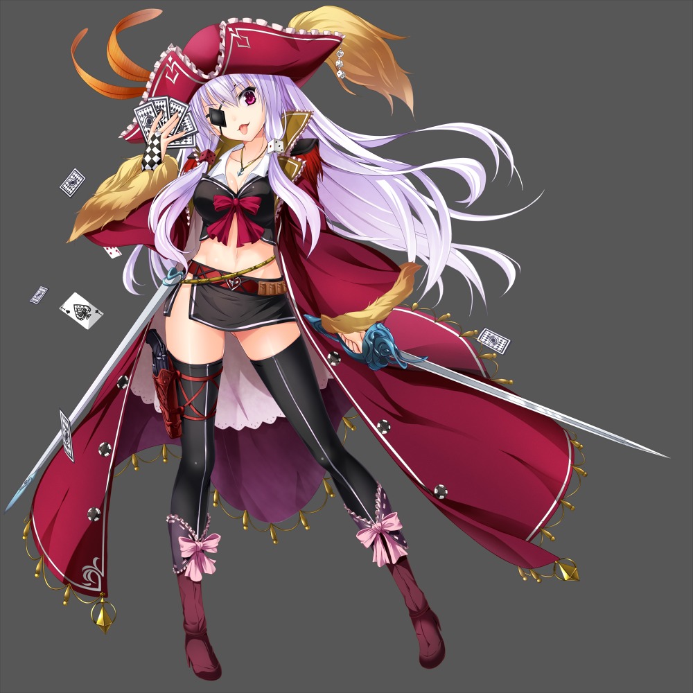 bug, cleavage, eyepatch, gun, heels, open_shirt, pirate, sword