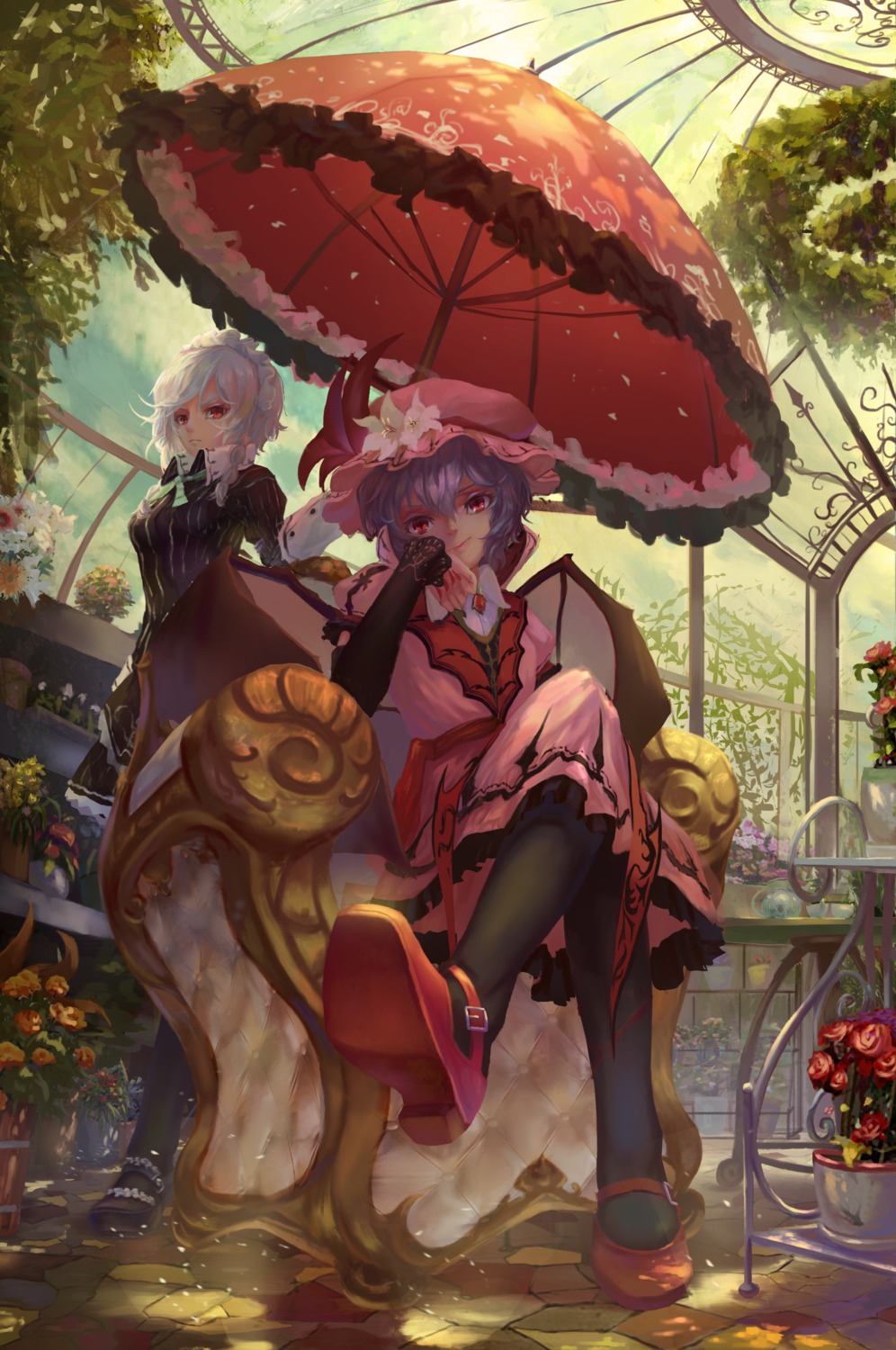 dress, heels, izayoi_sakuya, neko-mura_ikkro, remilia_scarlet, touhou, umbrella, wings