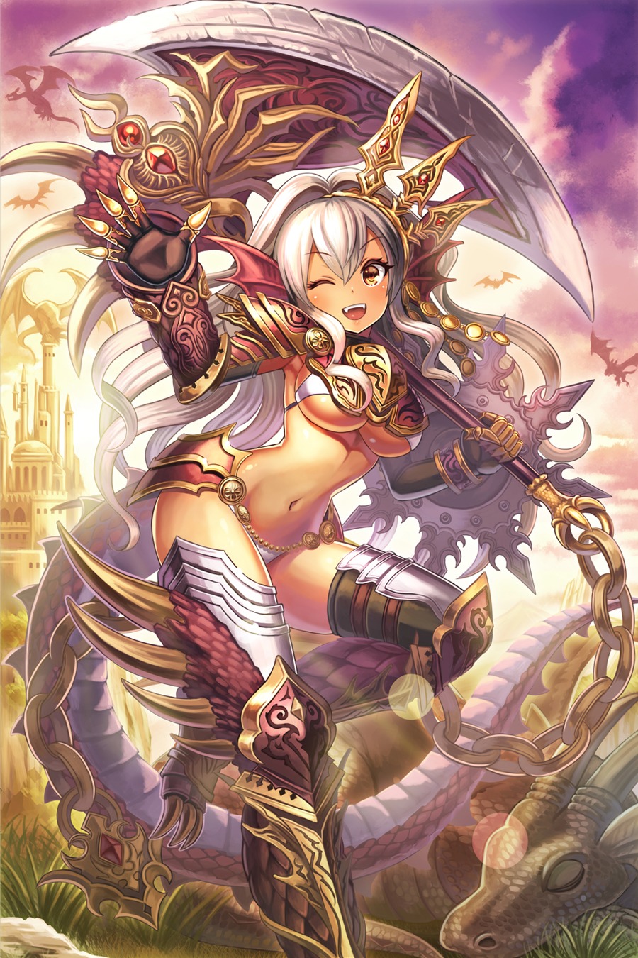 armor, bikini_armor, madopen, tail, thighhighs, underboob, weapon