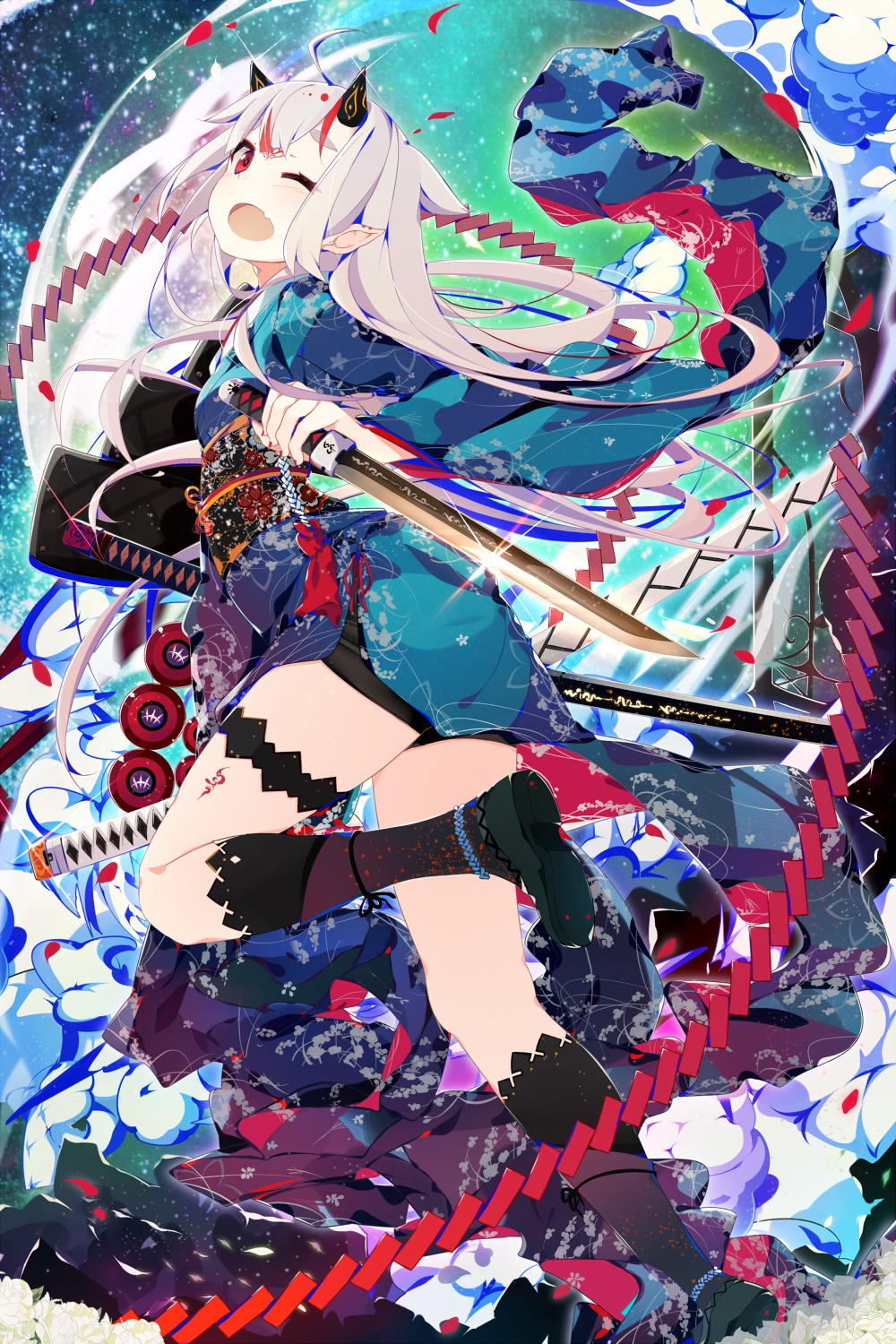 ass, benio_(dontsugel), chain_chronicle, horns, kimono, sword, tattoo