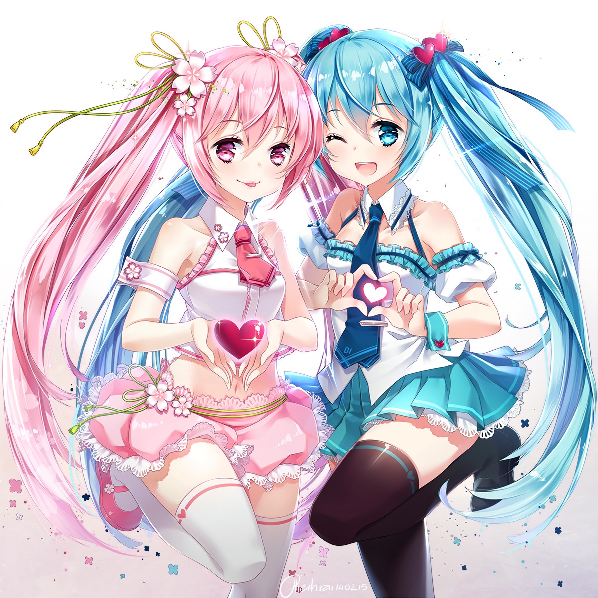 hatsune_miku, hieihirai, sakura_miku, thighhighs, valentine, vocaloid