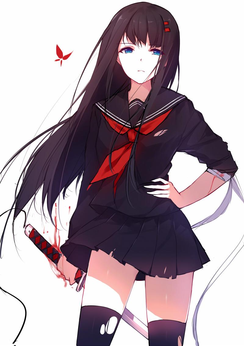 blood, caidychen, seifuku, sword, thighhighs, torn_clothes