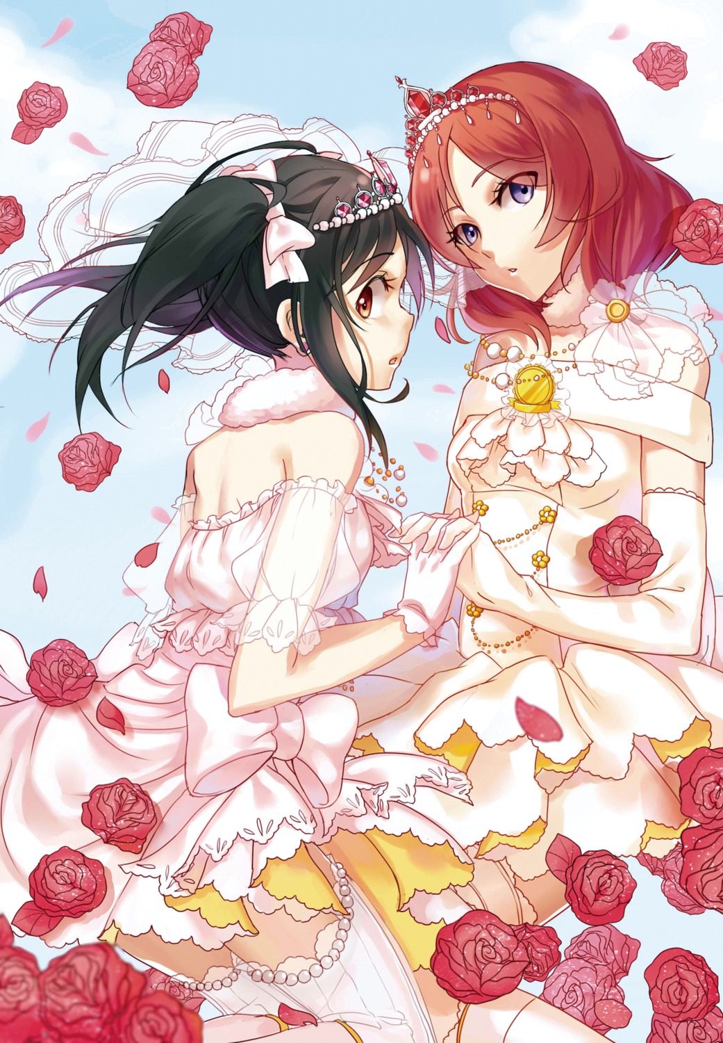 aer_(tengqiu), dress, love_live!, love_live!_(series), nishikino_maki, thighhighs, wedding_dress, yazawa_nico