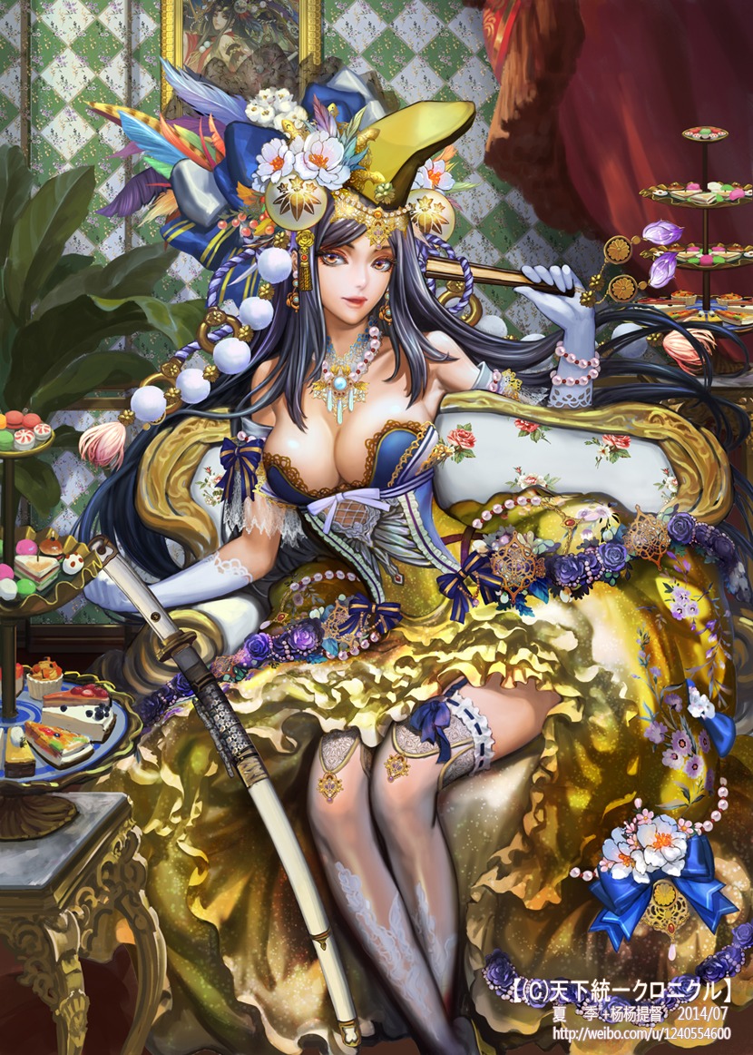cleavage, dress, stockings, sword, tenka_touitsu_chronicle, thighhighs, xiaji