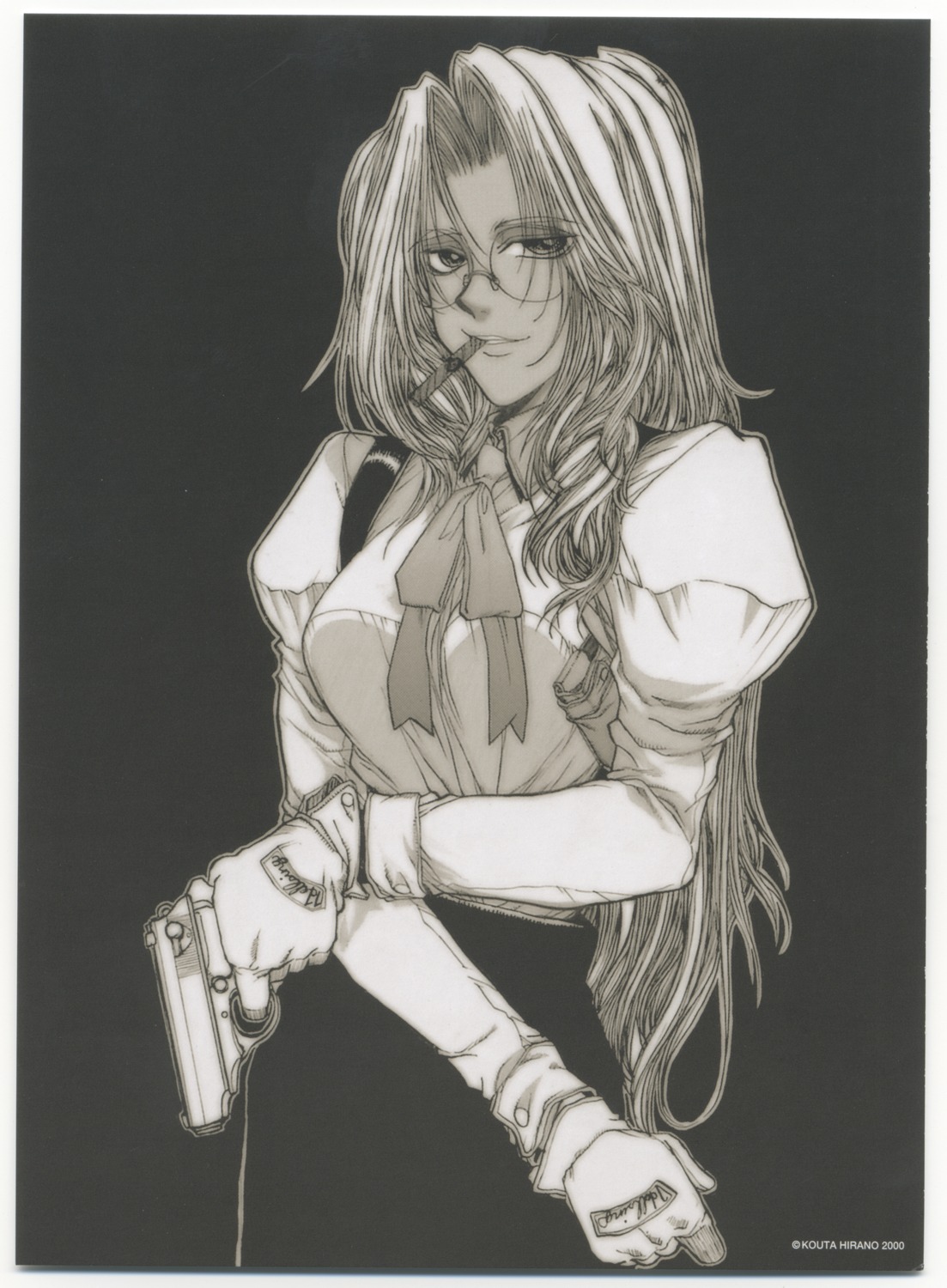 gun, hellsing, hirano_kouta, integra_hellsing, megane, monochrome
