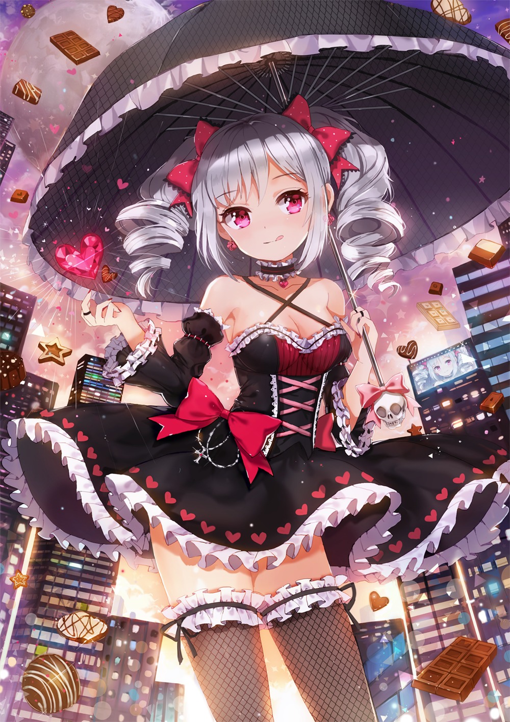cleavage, dangmill, dress, fishnets, garter, kanzaki_ranko, lolita_fashion, the_idolm@ster, the_idolm@ster_cinderella_girls, thighhighs, umbrella