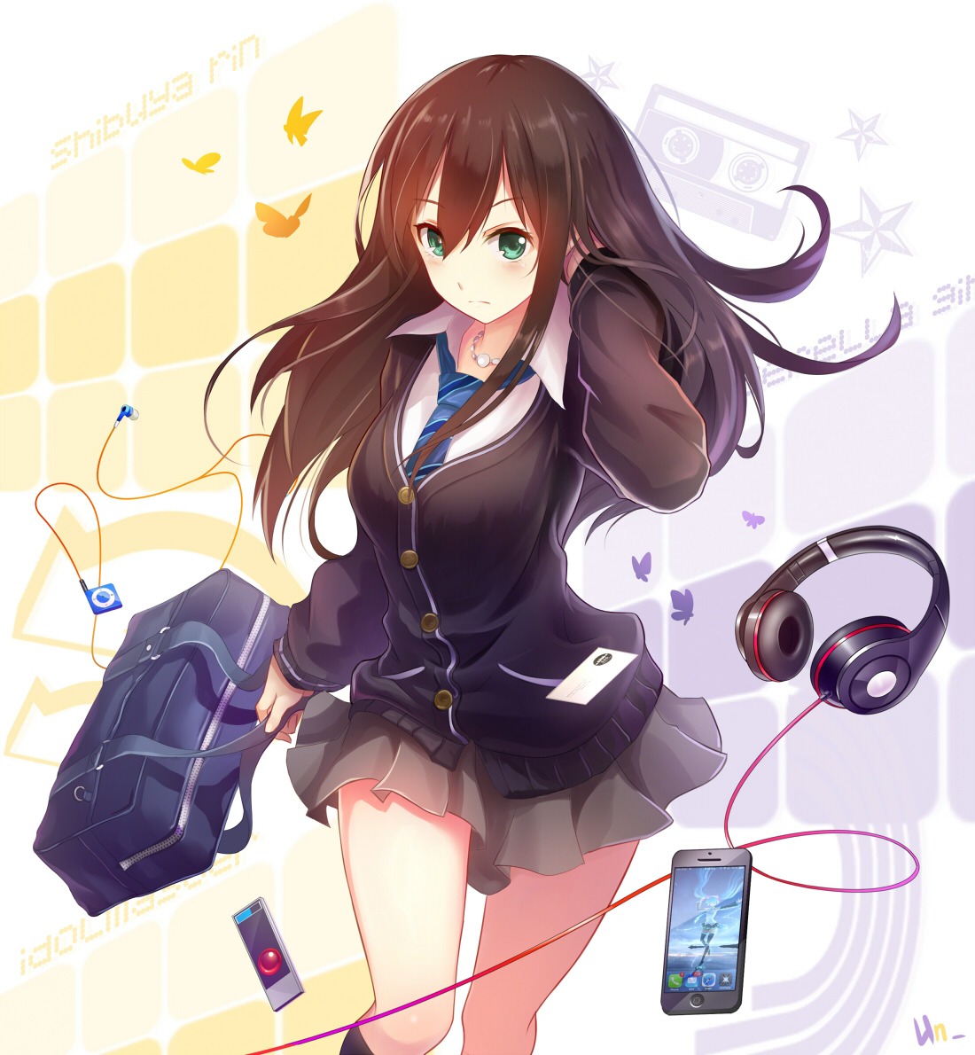 hatsune_miku, headphones, seifuku, shibuya_rin, the_idolm@ster, the_idolm@ster_cinderella_girls, un_s, vocaloid
