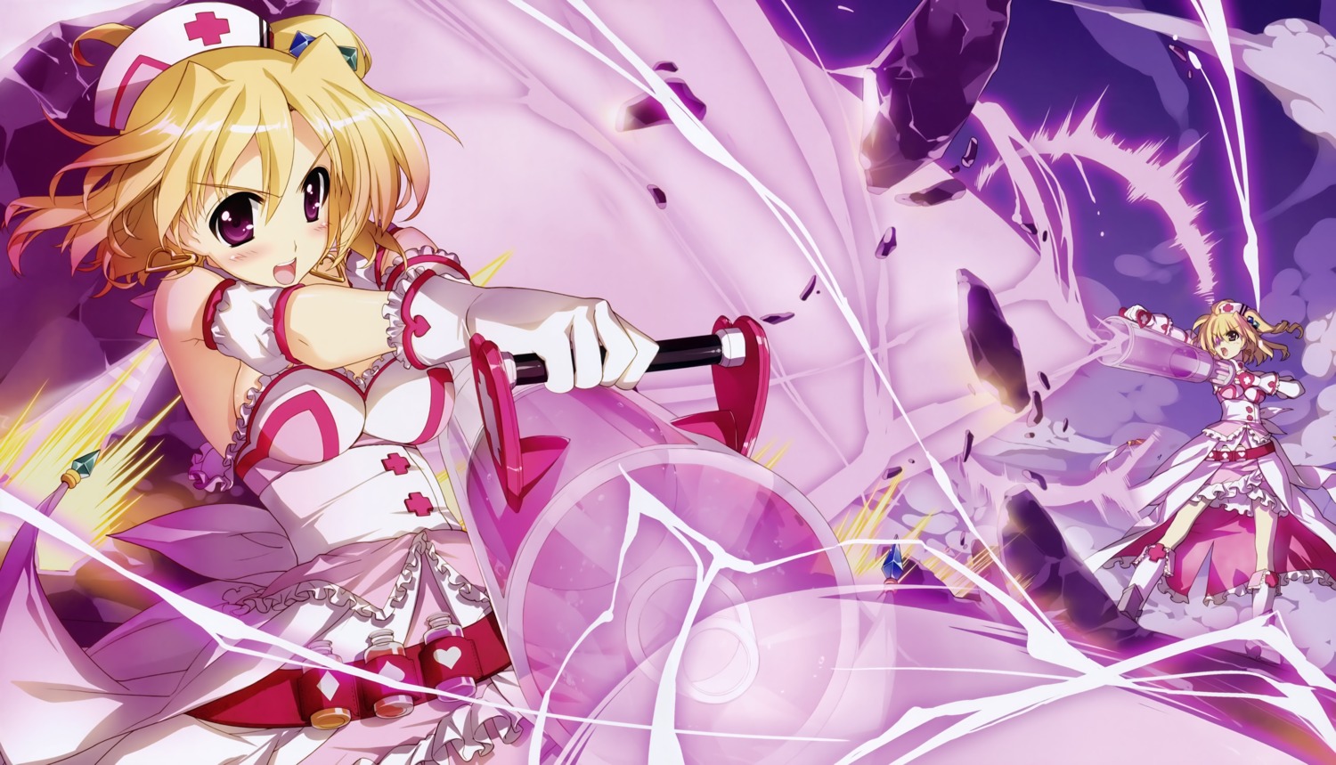 cleavage, dress, fujima_takuya, gun, mahou_shoujo_lyrical_nanoha, nurse, shamal