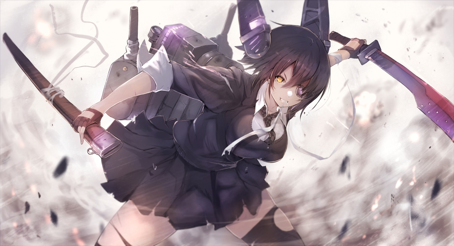 eyepatch, kantai_collection, seifuku, sumisu_(mondo), sword, tenryuu_(kancolle), torn_clothes