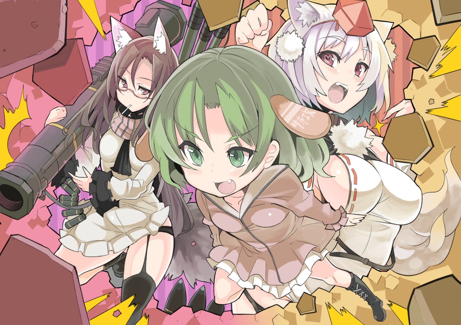 animal_ears, dress, hiruma_andon, imaizumi_kagerou, inubashiri_momiji, kasodani_kyouko, megane, no_bra, stockings, tail, thighhighs, touhou, weapon