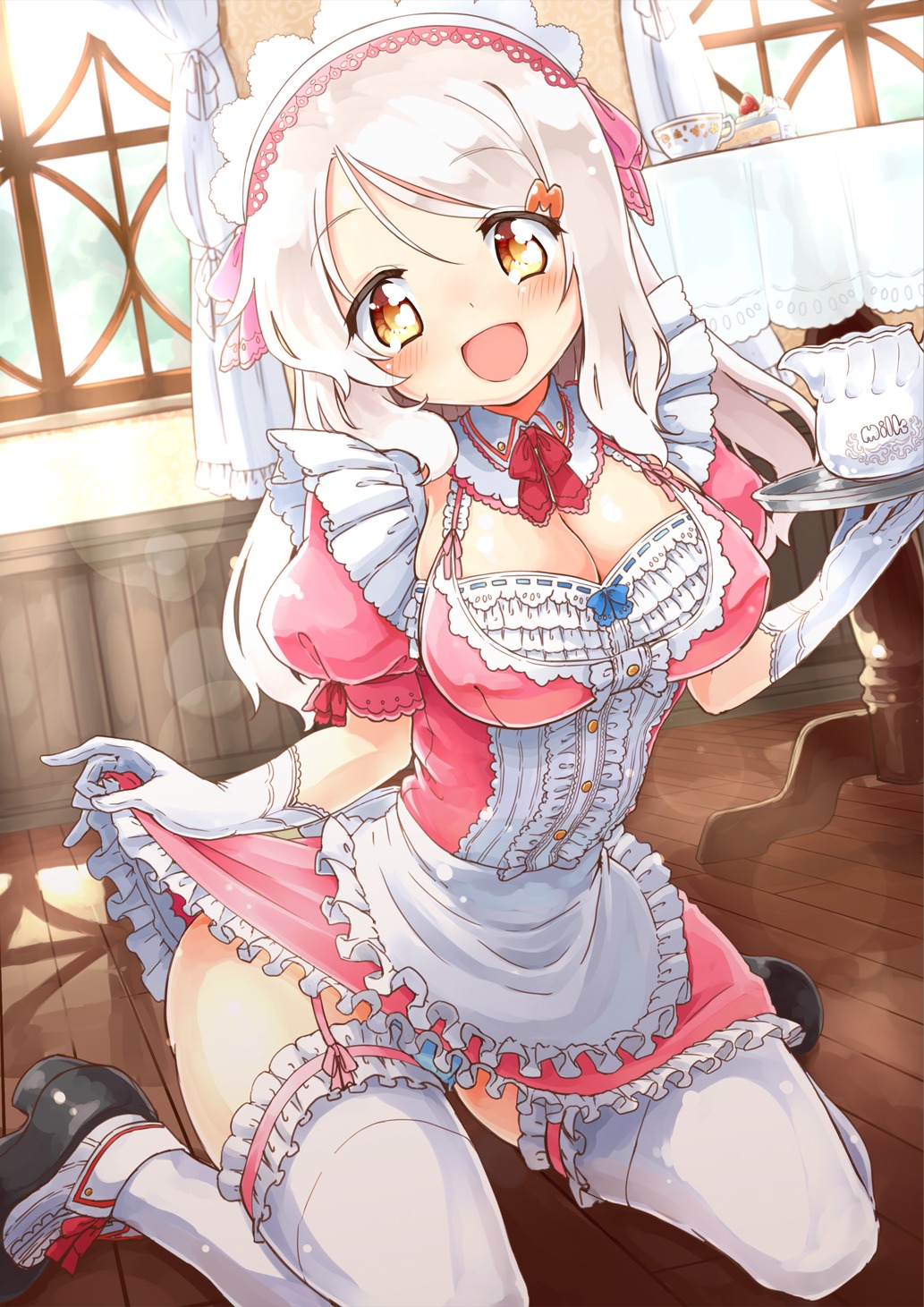 cleavage, heels, naka_akira, skirt_lift, stockings, thighhighs, waitress