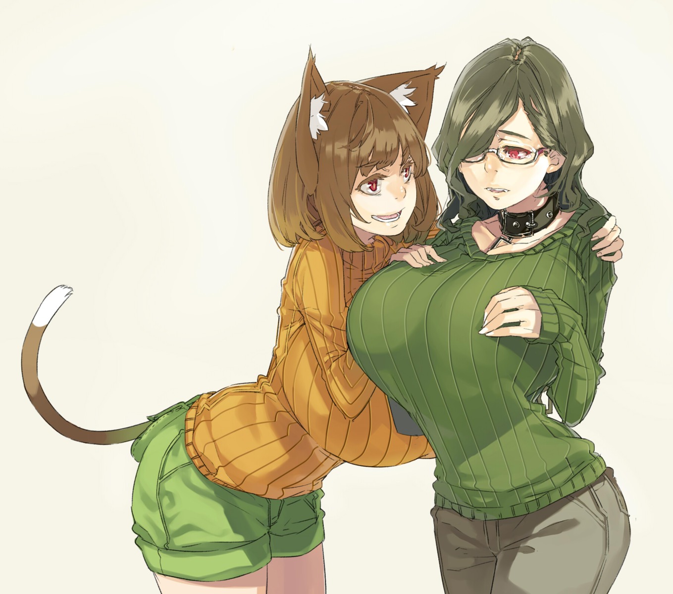 animal_ears, breast_hold, cleavage, megane, muneneko, nekomimi, sweater, tail
