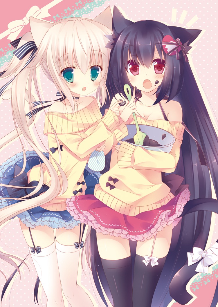animal_ears, cleavage, cream, nekomimi, stockings, sumii, sweater, tail, thighhighs