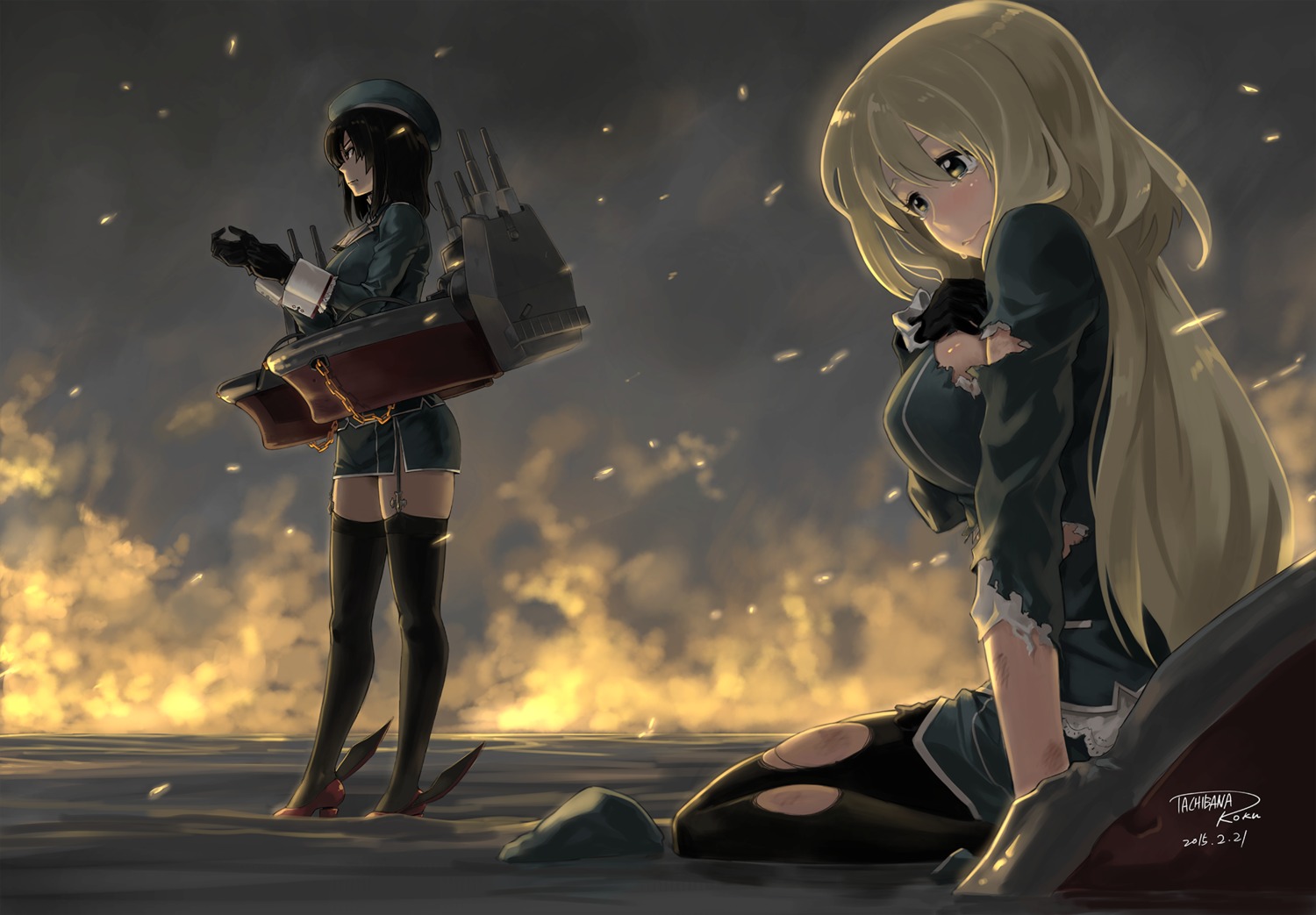 atago_(kancolle), heels, kantai_collection, pantyhose, stockings, tachibana_roku, takao_(kancolle), thighhighs, torn_clothes