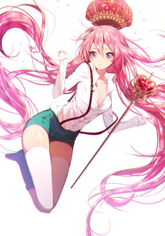 cleavage, open_shirt, sukja, thighhighs