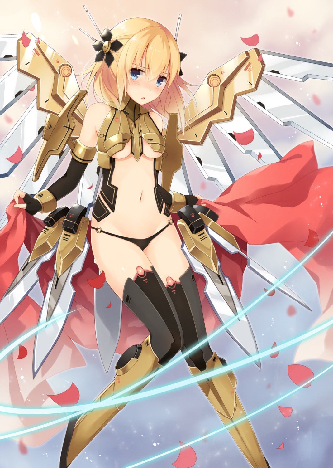 bodysuit, mecha_musume, no_bra, shinomiya_yon, thighhighs, underboob, weapon, wings