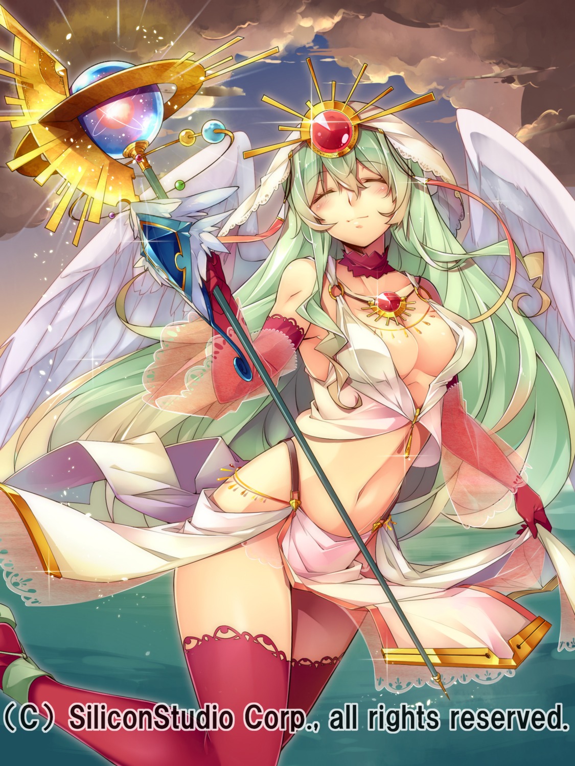 cleavage, gyakushuu_no_fantasica, kokka_han, no_bra, thighhighs, weapon, wings