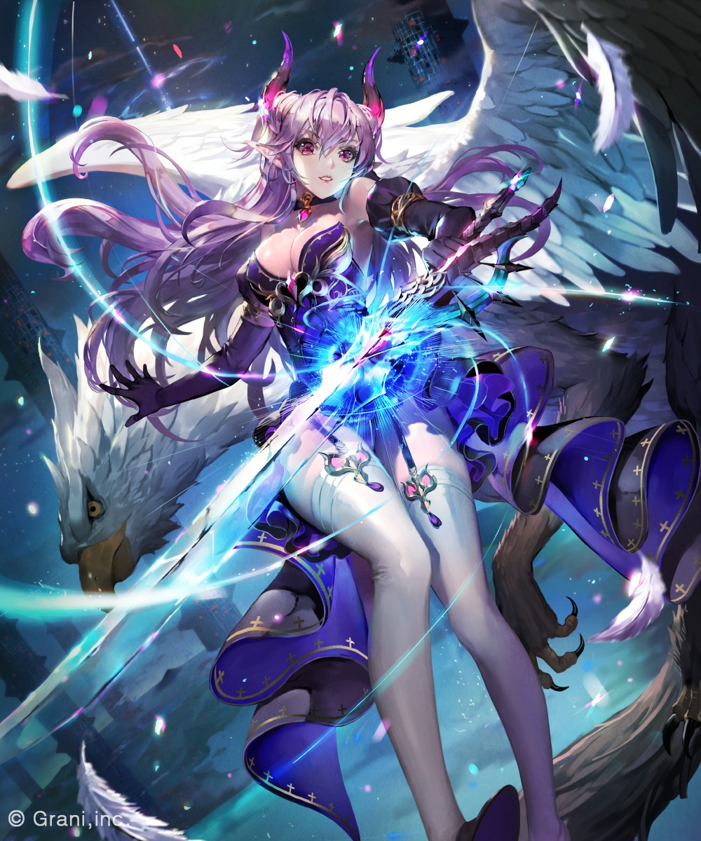 cleavage, horns, shingoku_no_valhalla_gate, stockings, sword, thighhighs, tobsua