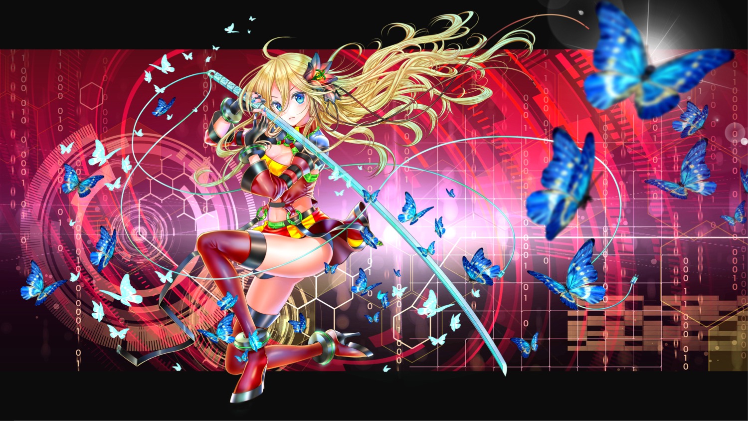 cleavage, heels, lily_(vocaloid), pantsu, sakura_moyon, sword, thighhighs, vocaloid