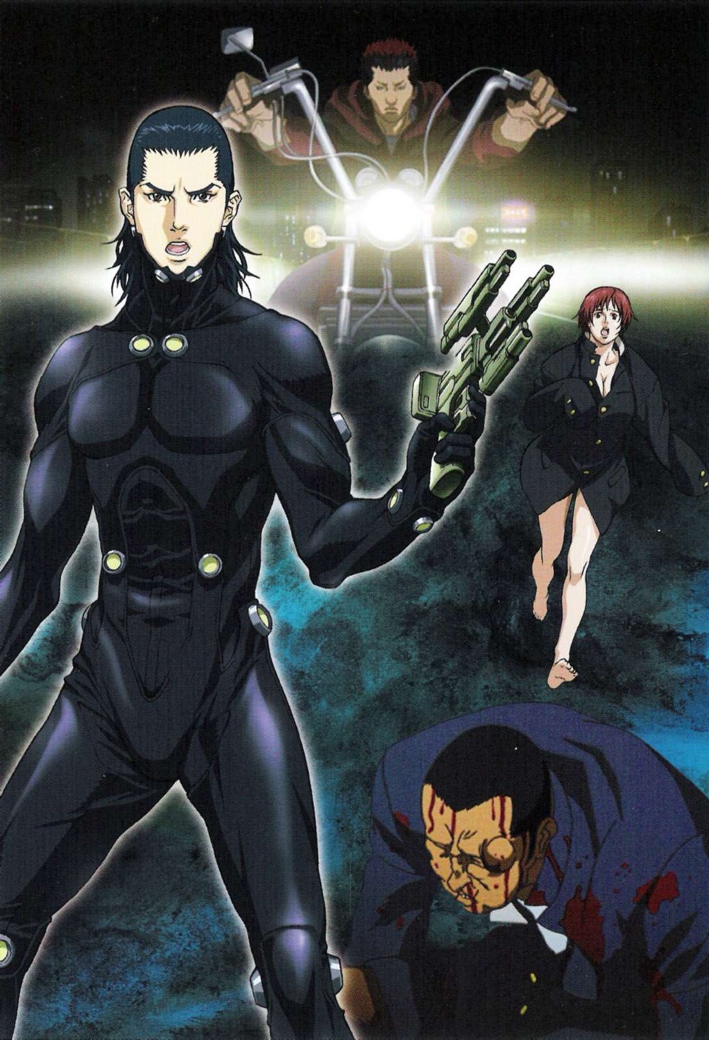 blood, bodysuit, cleavage, gantz, gun, hatanaka_hiroshi, kishimoto_kei, masaru_kato