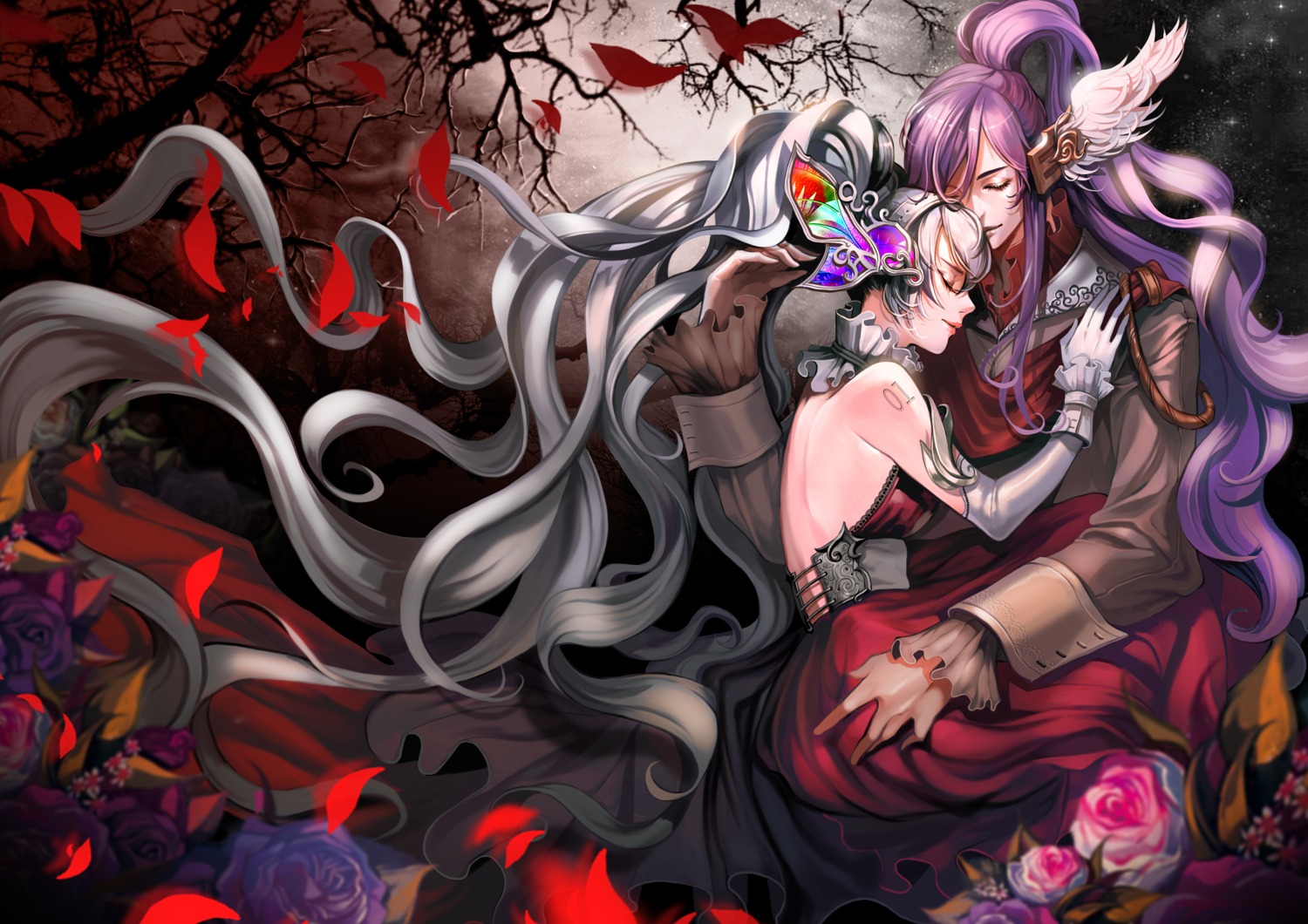 dress, hatsune_miku, kamui_gakupo, lsr, no_bra, tattoo, vocaloid