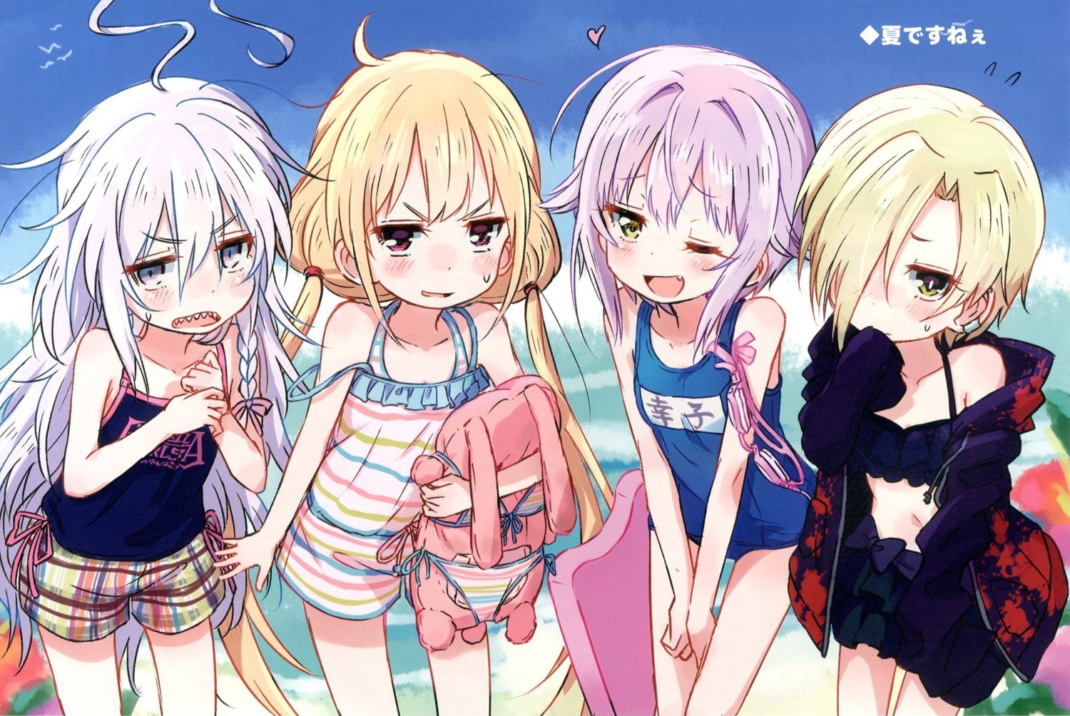 futaba_anzu, hoshi_shouko, kingin, koshimizu_sachiko, open_shirt, school_swimsuit, shirasaka_koume, swimsuits, the_idolm@ster, the_idolm@ster_cinderella_girls