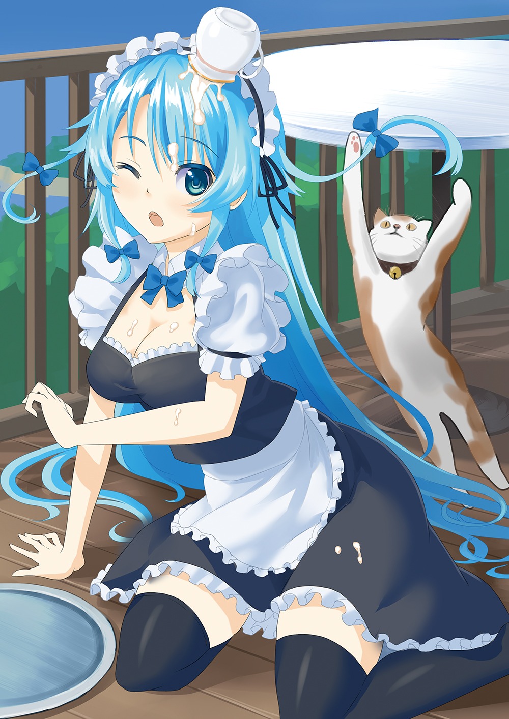 cleavage, cream, kurou_(artist), maid, moe2015, neko, thighhighs